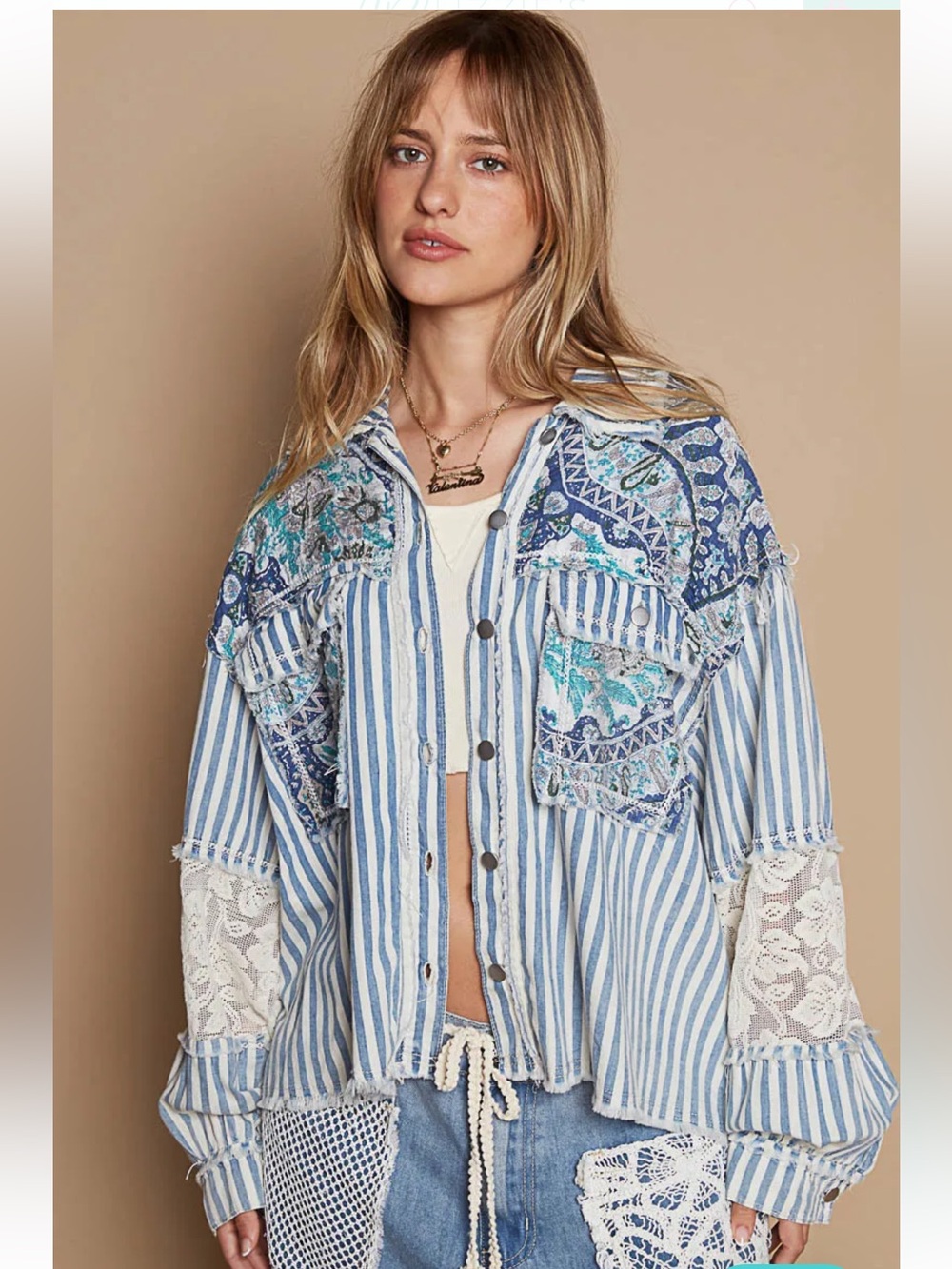 BB180. NWT POL Blue Striped Woven Mix Raw Hem Shacket with Lace Detail - Picture 2 of 5